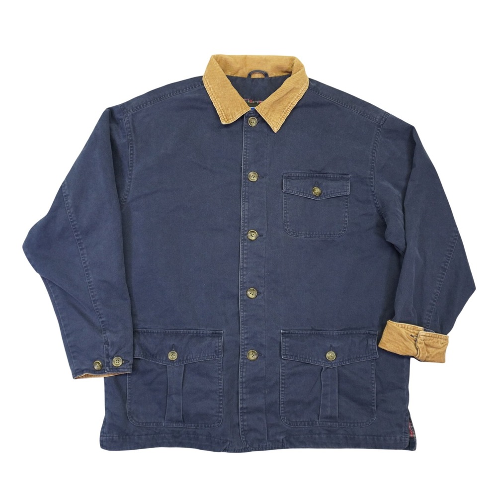 VTG 90s Old Navy Barn Chore Jacket Mens L Navy Blue Corduroy Collar Plaid Lined